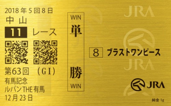 抽選で1名に当たる「純金製黄金馬券64枚セット」