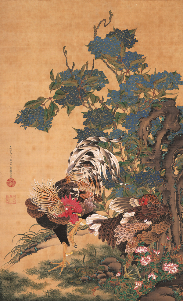 伊藤若冲　《紫陽花双鶏図》　絹本着色　一幅　139.4×85.1　江戸時代（18世紀）　エツコ＆ジョー・プライスコレクション