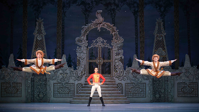 Leo Dixon as Hans Peter with Taisuke Nakao and Joshua Junker in the Russian Dance, The Nutcracker © ROH 2023 Photographed by Alice Pennefather