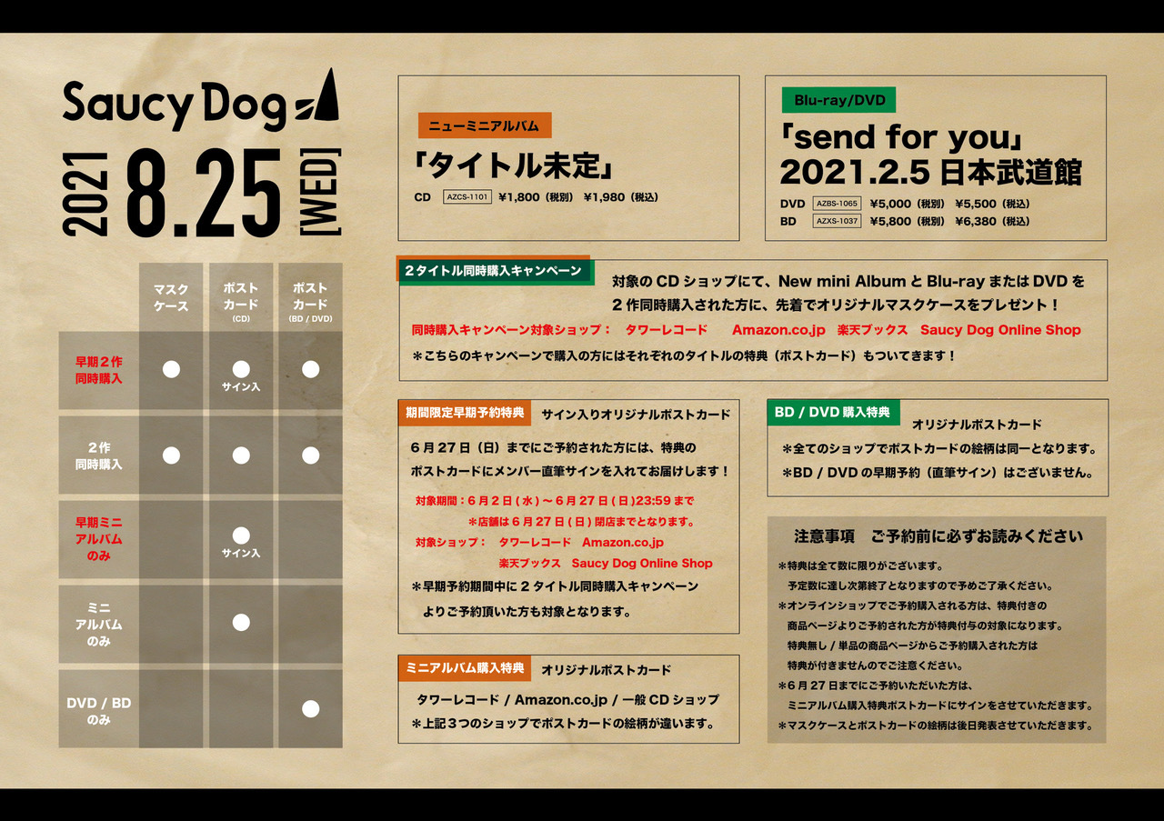 Saucy Dog、新曲「週末グルーミー」を収録したミニアルバムと初の