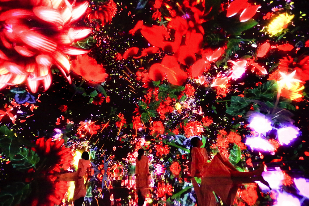 Floating in the Falling Universe of Flowers   teamLab, 2016-2018, Interactive Digital Installation, Endless, Sound: Hideaki Takahashi