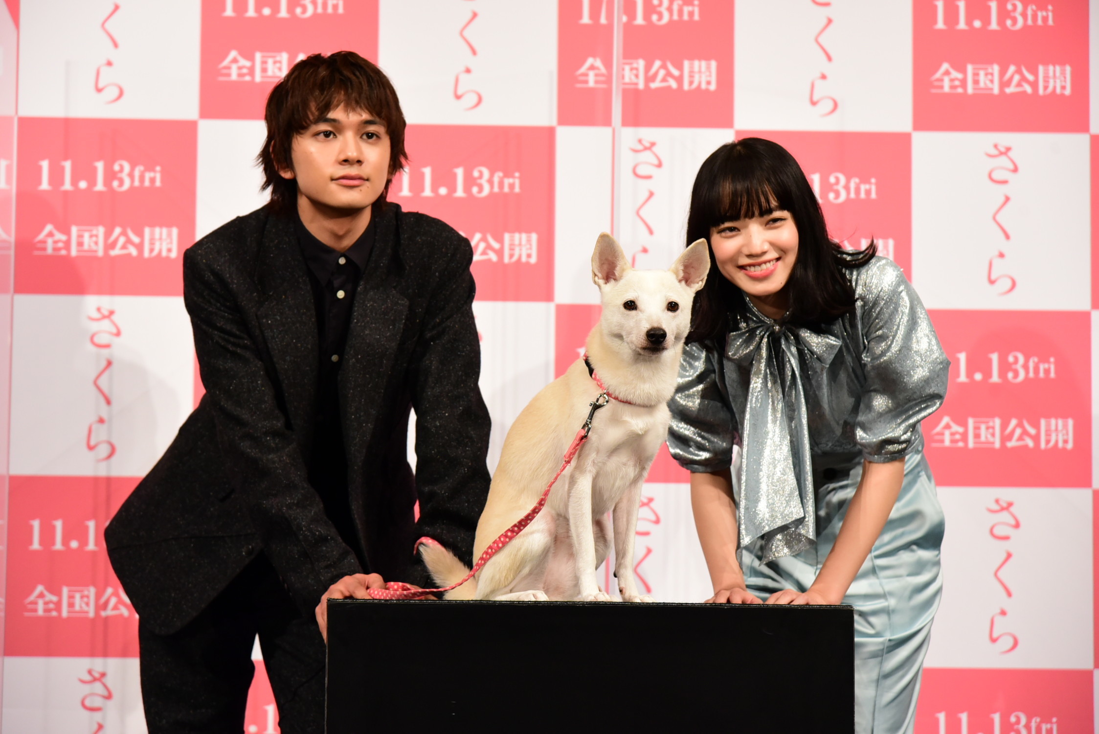 左から、北村匠海、犬のちえ、小松菜奈