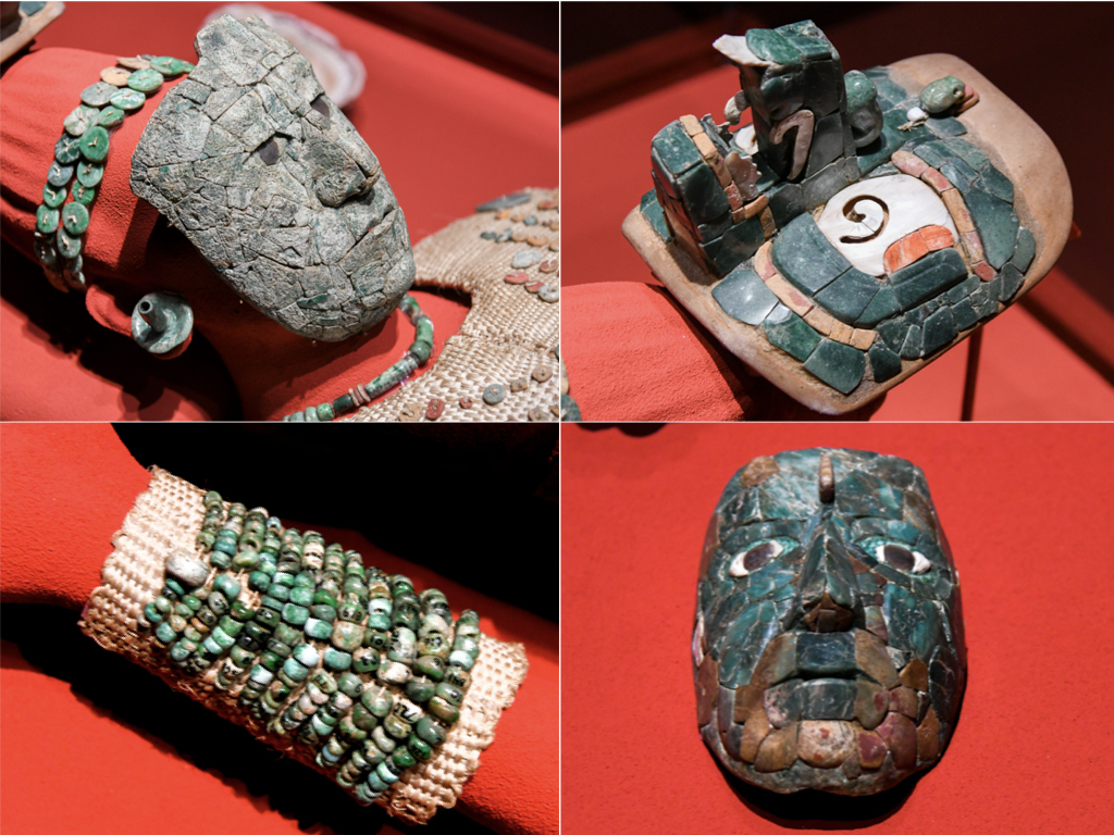 右上から時計回り：《赤の女王の頭飾り》《小マスク》《赤の女王の腕飾り》《赤の女王のマスク》 すべてマヤ文明　7世紀後半　アルベルト・ルス・ルイリエ パレンケ遺跡博物館