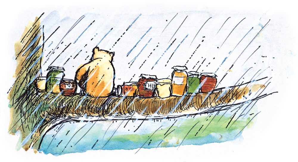 「枝には、ハチミツのつぼが10ならんでいて、そのまんなかに、プーが…」、『クマのプーさん』第9章、 E.H.シェパード、ラインブロックプリント・手彩色、1970年 英国エグモント社所蔵 (C) E.H. Shepard colouring 1970 and 1973 (C) Ernest H. Shepard and Egmont UK Limited
