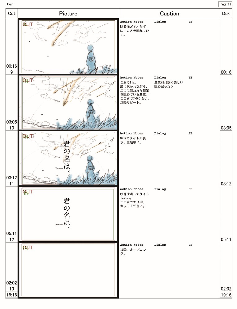 監督・新海誠による本作の絵コンテ	©２０１６「君の名は。」製作委員会