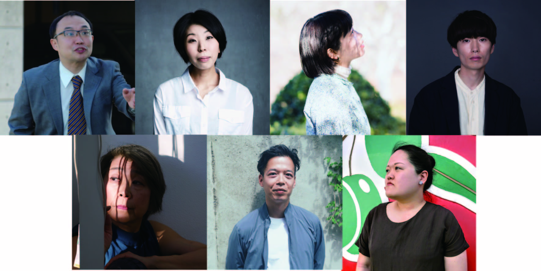 東京デスロック『再生』劇団Ver. 出演者。上段左から・夏目慎也、佐山和泉、原田つむぎ、松﨑義邦　下段左から・岡田智代、波佐谷聡、田中美希恵