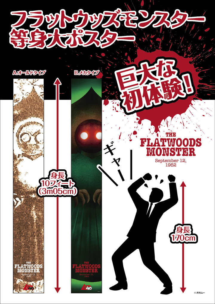 フラットウッズ・モンスター 等身大ポスター価格：10,000円（税抜） 柄数：オールドタイプ、メカタイプの2柄 サイズ：約330×47cm ※新商品の中でも注目度ナンバー１！ 編集部絶賛のフラットウッズ・モンスターの等身大（約3メートル！）ポスター。 耐水性素材ですのでお風呂でも使えます。