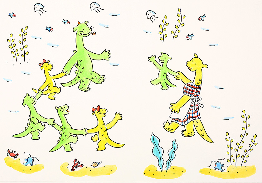 西川おさむ画「ネッシーのおむこさん」挿絵原画 『角野栄子のちいさなどうわたち ４』 2007年３月 ポプラ社