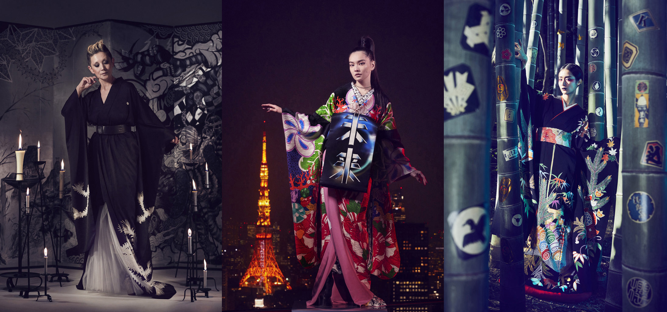 着物ハイファッション「浮世絵現代」より秋元梢(中央)、夏木マリ(左)、シシド・カフカ(右)