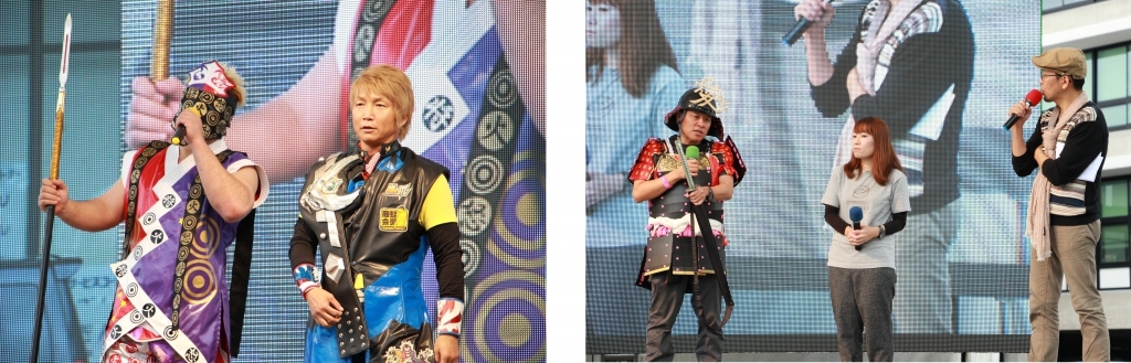 左写真 将火怒選手と日高選手　右写真 星崎社長、萩原さちこさん、FROGMAN