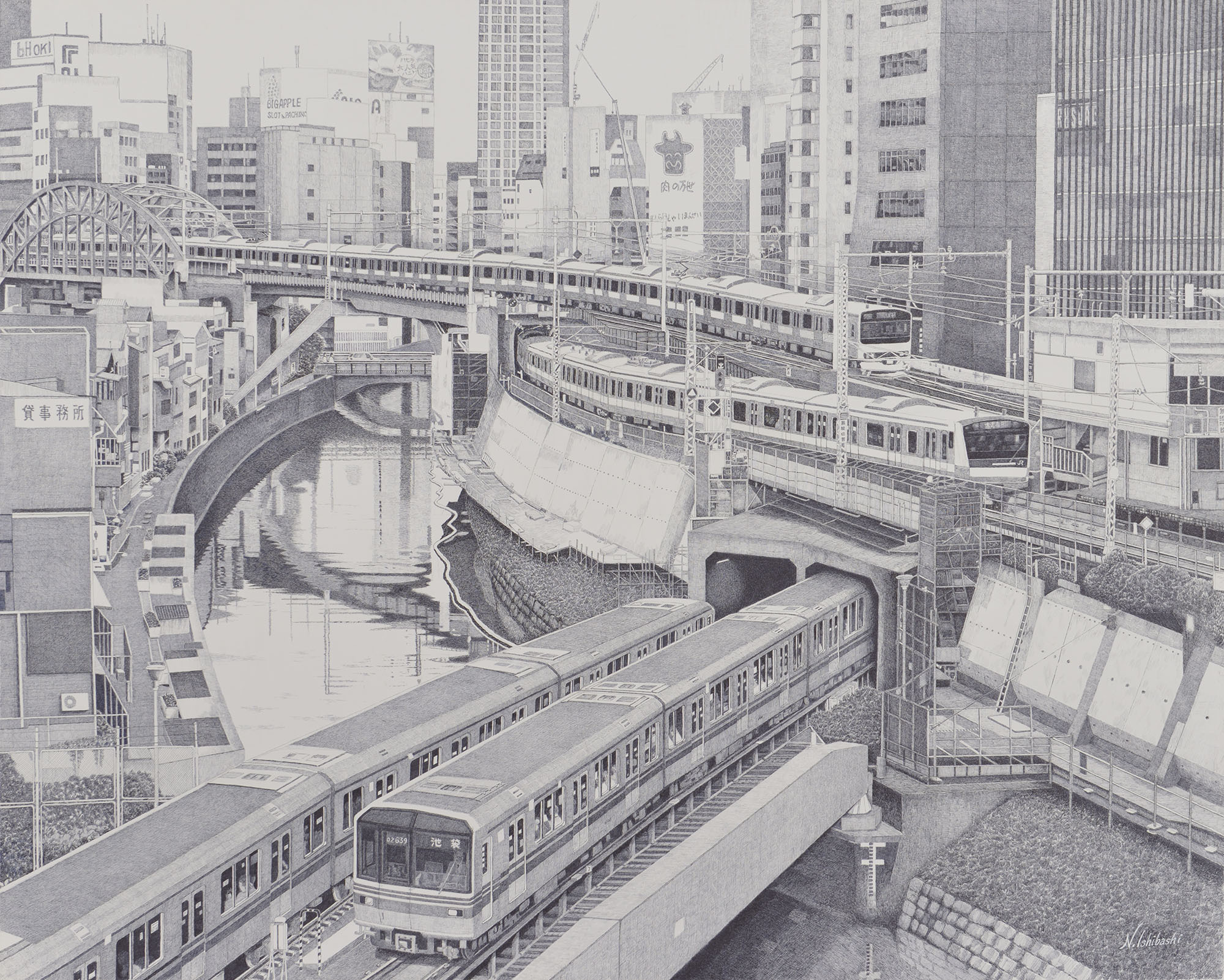 石橋 暢之（いしばし のぶゆき） 《ジオラマの様な風景》2016 年 ボールペン画 130×162 ㎝ 1944 年生まれ