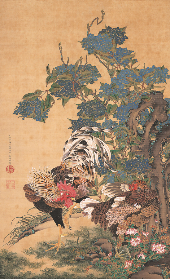 伊藤若冲《紫陽花双鶏図》18世紀　米国・エツコ＆ジョー・プライスコレクション