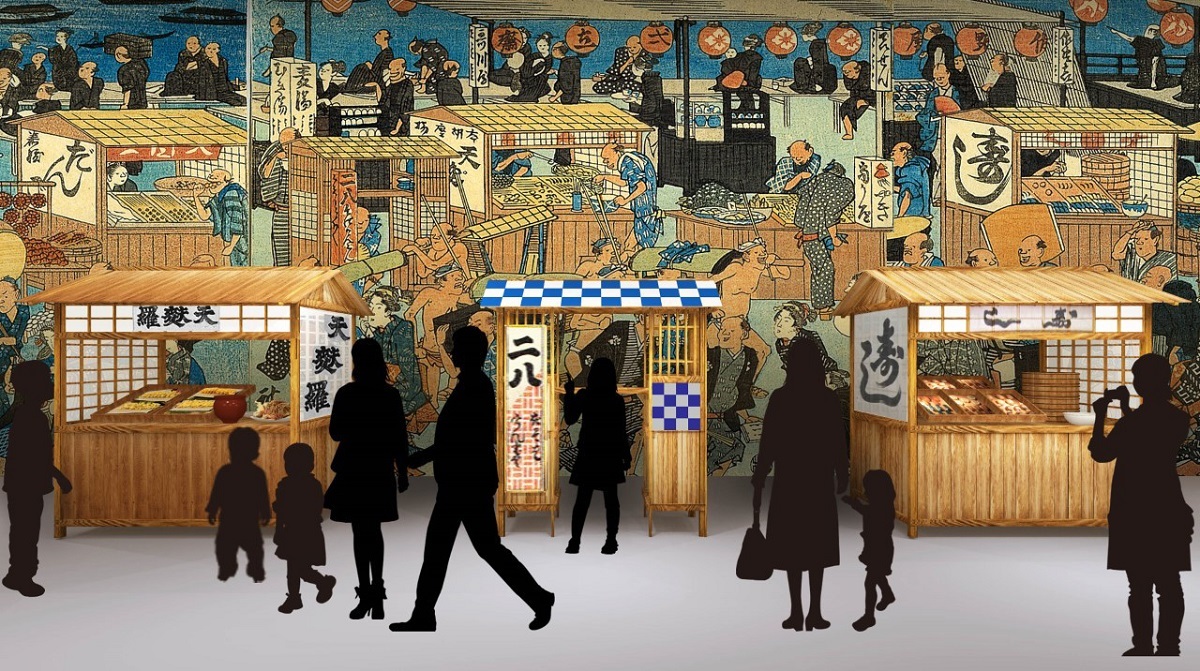 江戸時代の屋台の再現（イメージ）　背景画像：「東都名所高輪二十六夜待遊興之図」（部分）東京都江戸東京博物館蔵