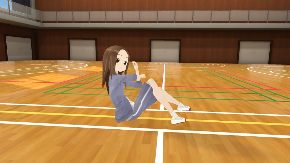 体育館で準備運動する高木さん（VRプレイ画面）