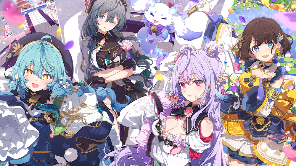 「いずれ菖蒲か杜若」今年6月にデビューにしたにじさんじ所属VTuberの４名と１匹のユニット。通称あやかき。司賀りこ（KV右）、珠乃井ナナ（KV左）、綺沙良（KV中左）、梢桃音（KV中右）、ルンルン（KV真ん中） (C)ANYCOLOR, Inc.