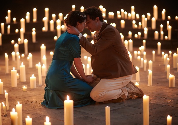 Jessie Buckley (Juliet) and Josh O'Connor (Romeo) in Romeo & Juliet at the National Theatre. Photo by Rob Youngson