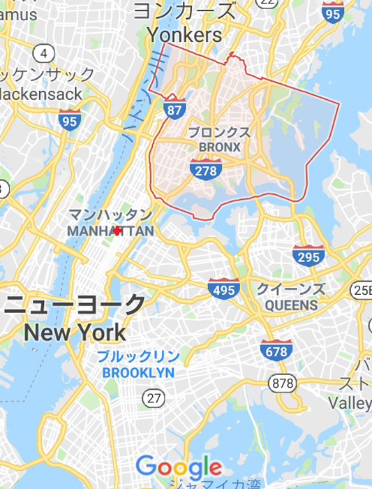 赤で囲ったブロンクスの範囲はかなり大きい。