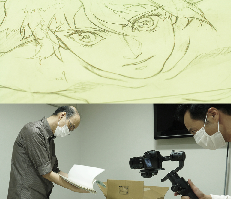  （上の写真）「GHOST IN THE SHELL / 攻殻機動隊」原画（下の写真、左から右）アニメーターの井上俊之氏、カメラマンの吉川忠宏氏