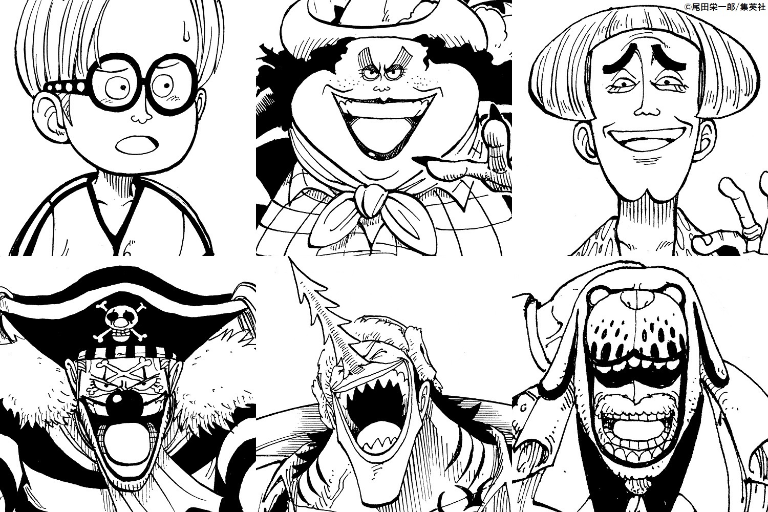 左上から時計回りに、コビー、アルビダ、ヘルメッポ、ガープ、アーロン、バギー （C）尾田栄一郎/集英社