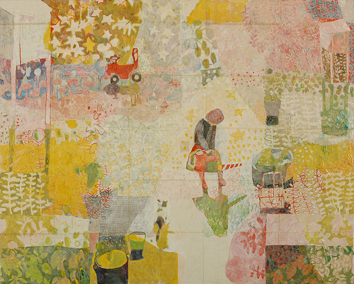 石井 奏子《水やりとねことぬりえ》油彩 162.1×130.3cm 2010年 上野の森美術館蔵