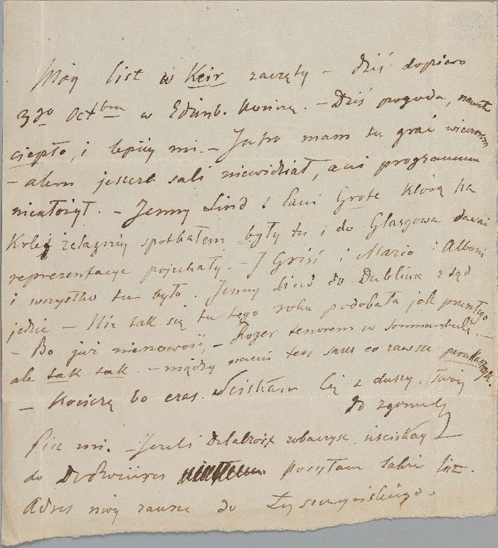 日本初公開《自筆の手紙 ー パリのヴォイチェフ・グジマワ宛て（エディンバラ、1848年10月3日）》フリデリク・ショパン、1848年、インク、紙　Photo:The Fryderyk Chopin Institute