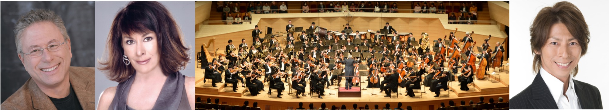 （左から）アラン・メンケン、ペイジ・オハラ、 THE ORCHESTRA JAPAN（オーケストラ）、 ささきフランチェスコ（ナビゲーター）